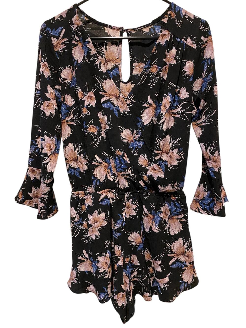 One Clothing Floral Romper Small Black Purple Ruffle Hem Long Sleeve Indie Boho
